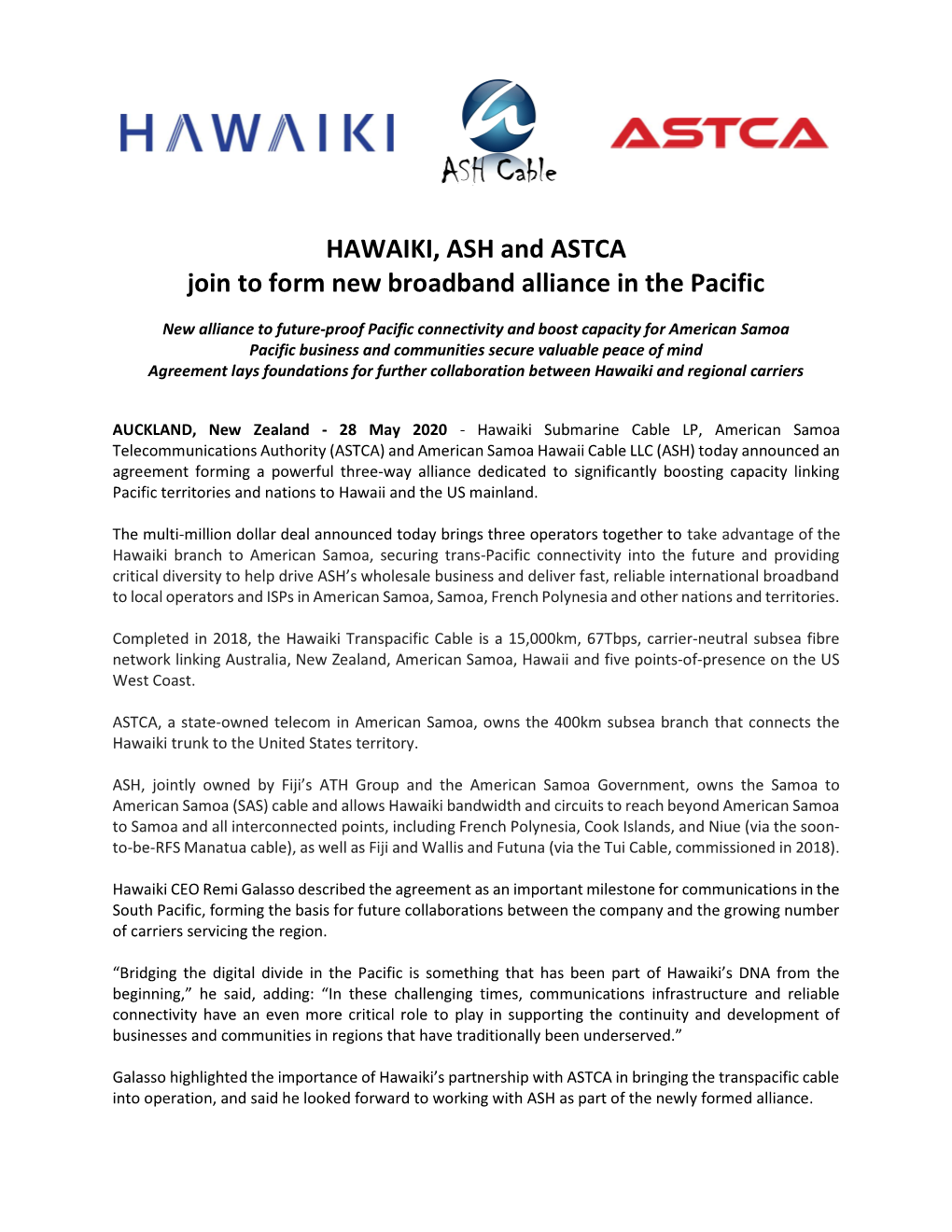 HAWAIKI, ASH and ASTCA Join to Form New Broadband Alliance in the Pacific