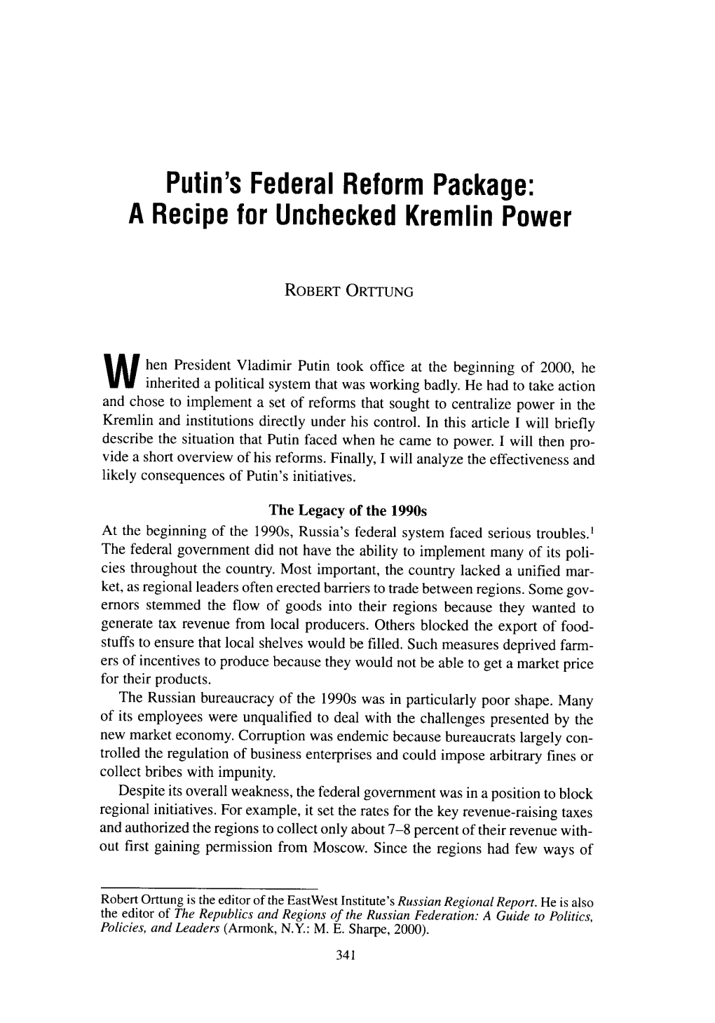 Putin's Federal Reform Package: a Recipe for Unchecked Kremlin Power