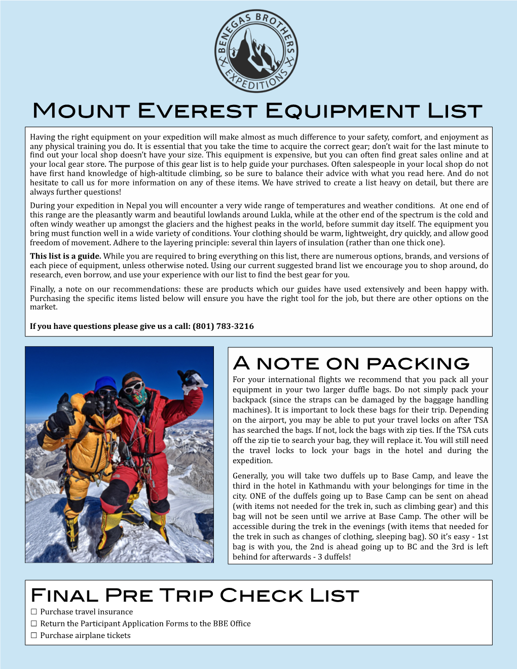 Mount Everest Equipment List