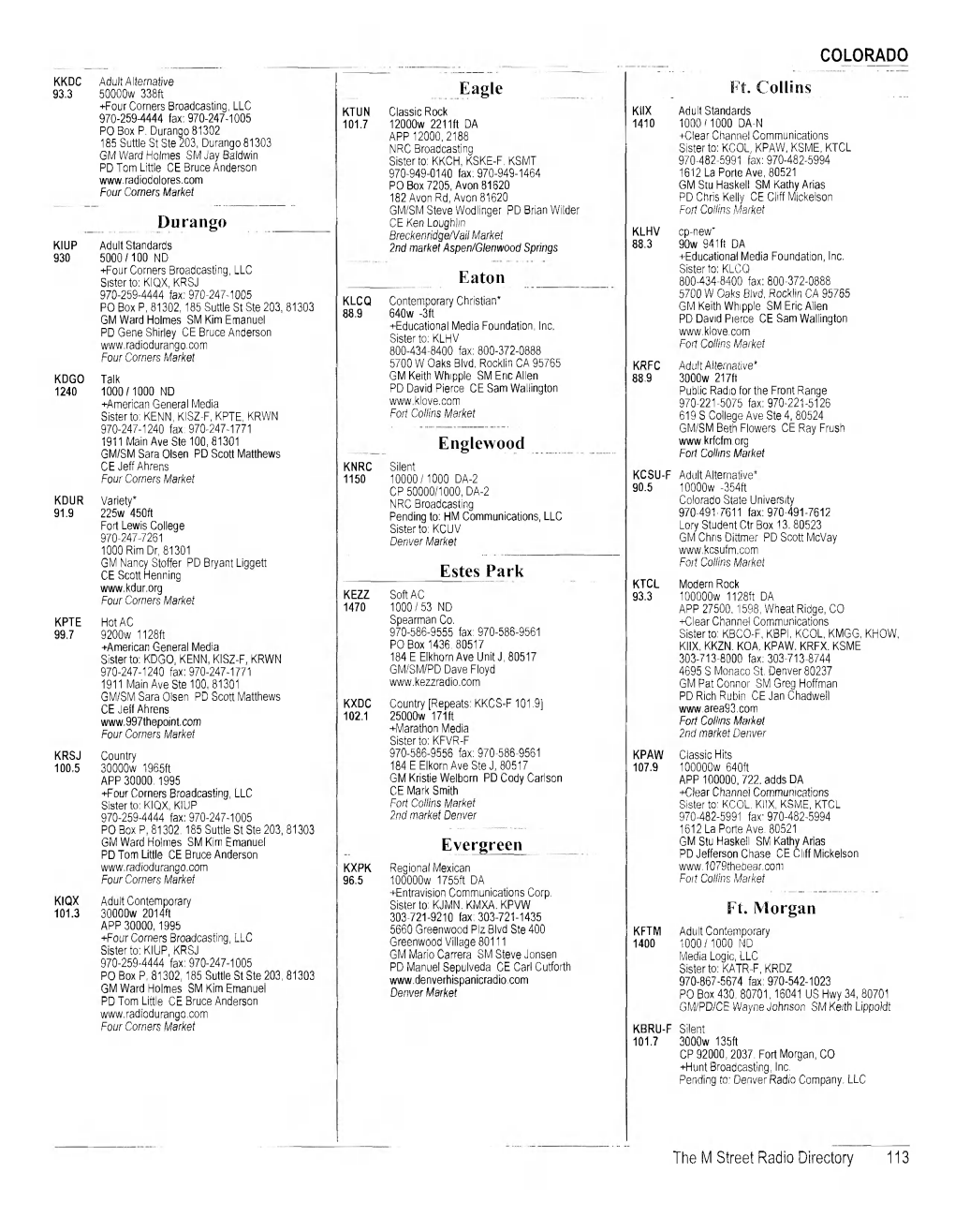 Durango Eagle Eaton Englewood Estes Park Evergreen Ft. Morgan