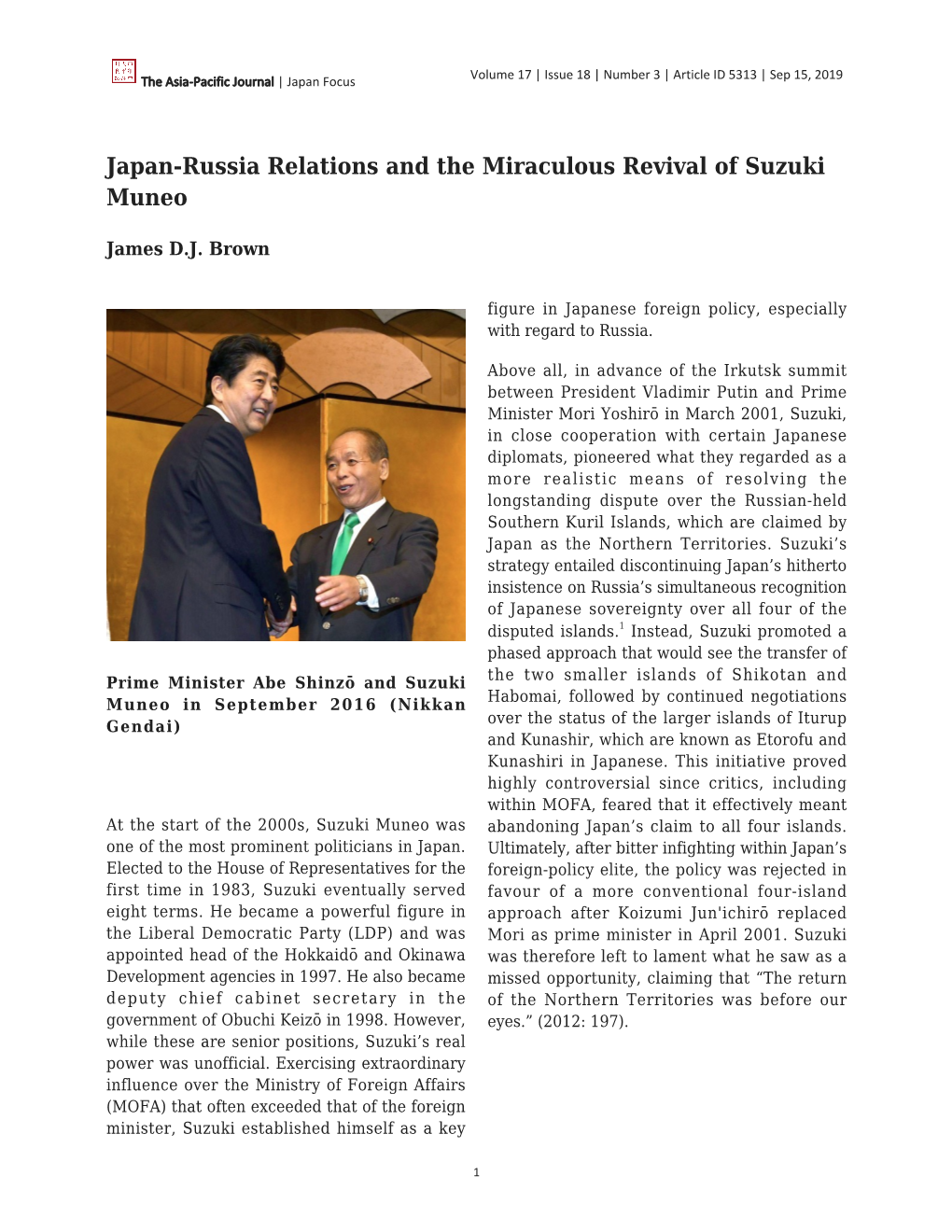 Japan-Russia Relations and the Miraculous Revival of Suzuki Muneo