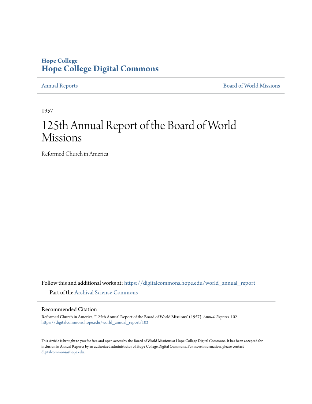 125Th Annual Report of the Board of World Missions Reformed Church in America