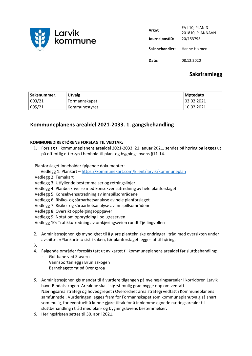 Kommuneplanens Arealdel 2021-2033. 1. Gangsbehandling