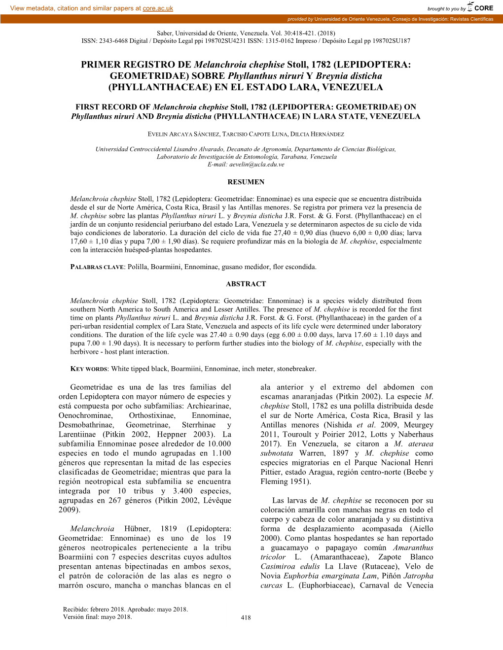 PRIMER REGISTRO DE Melanchroia Chephise Stoll, 1782