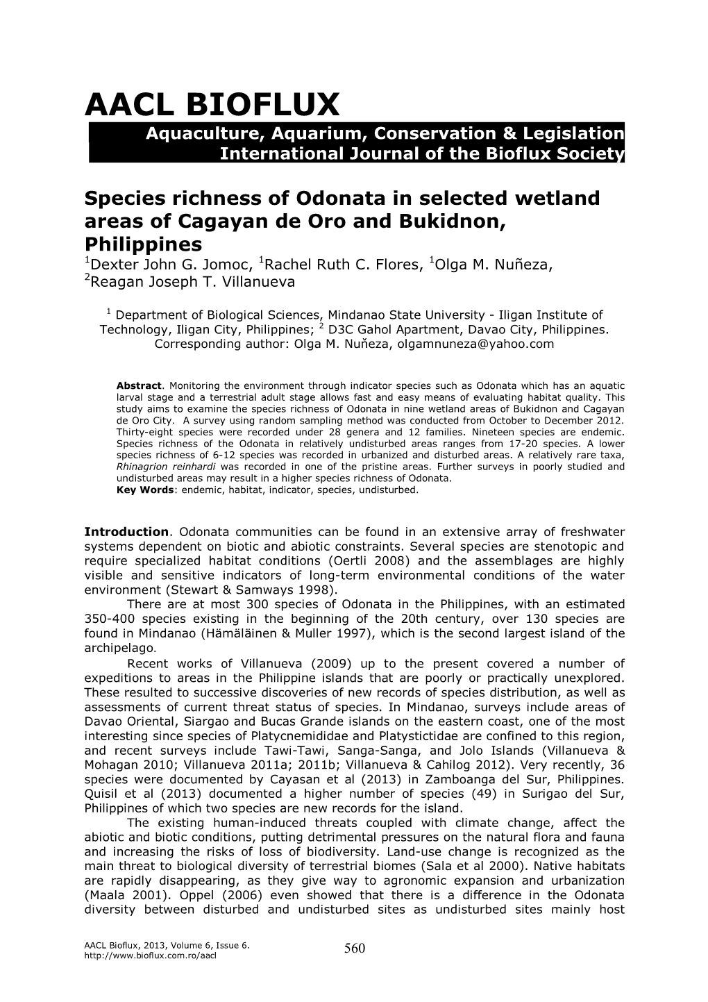 Jomoc D. J. G., Flores R. R. C., Nuneza O. M., Villanueva R. J. T., 2013 Species Richness of Odonata in Selected Wetland