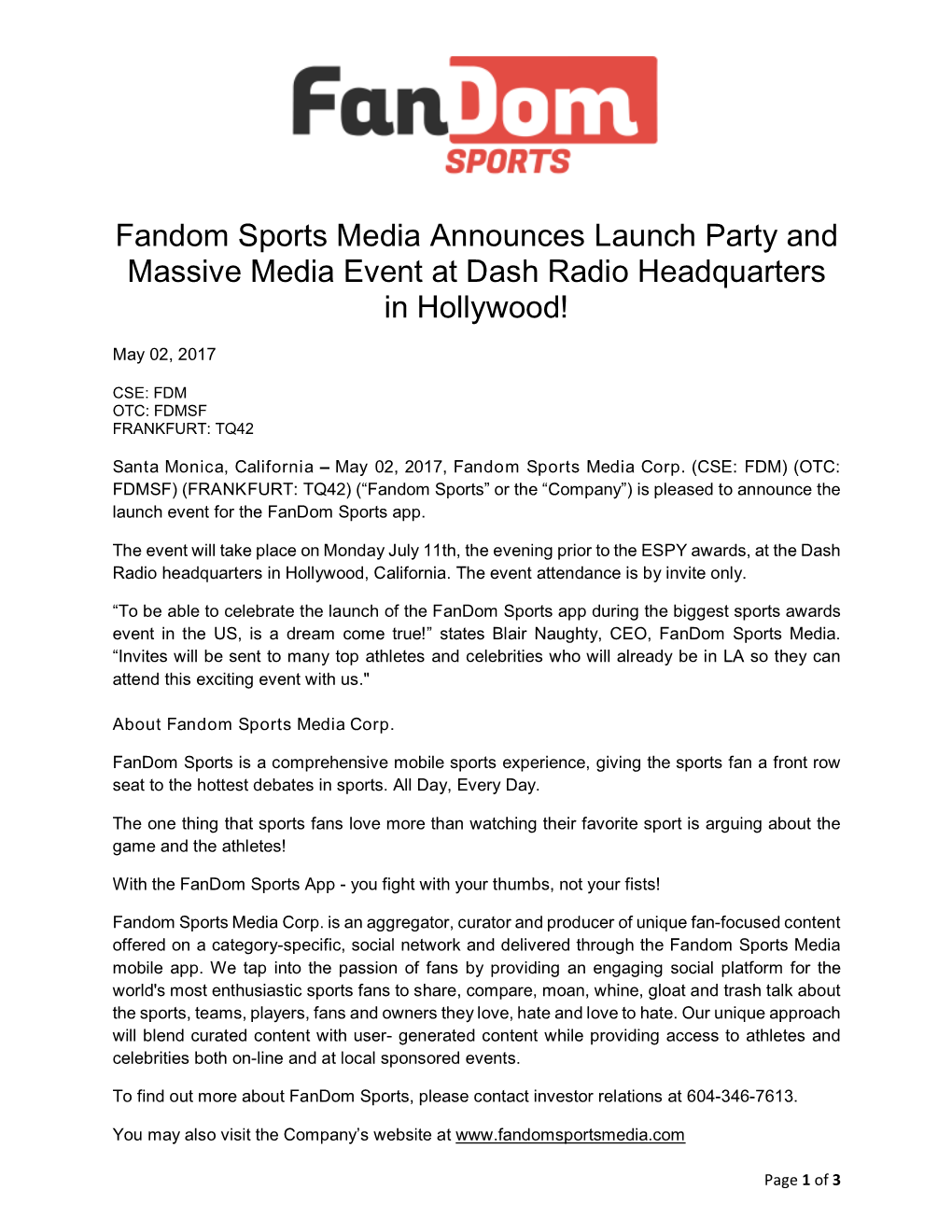 Fandom Sports Media Announces Launch Party and Massive Media Event at Dash Radio Headquarters in Hollywood!