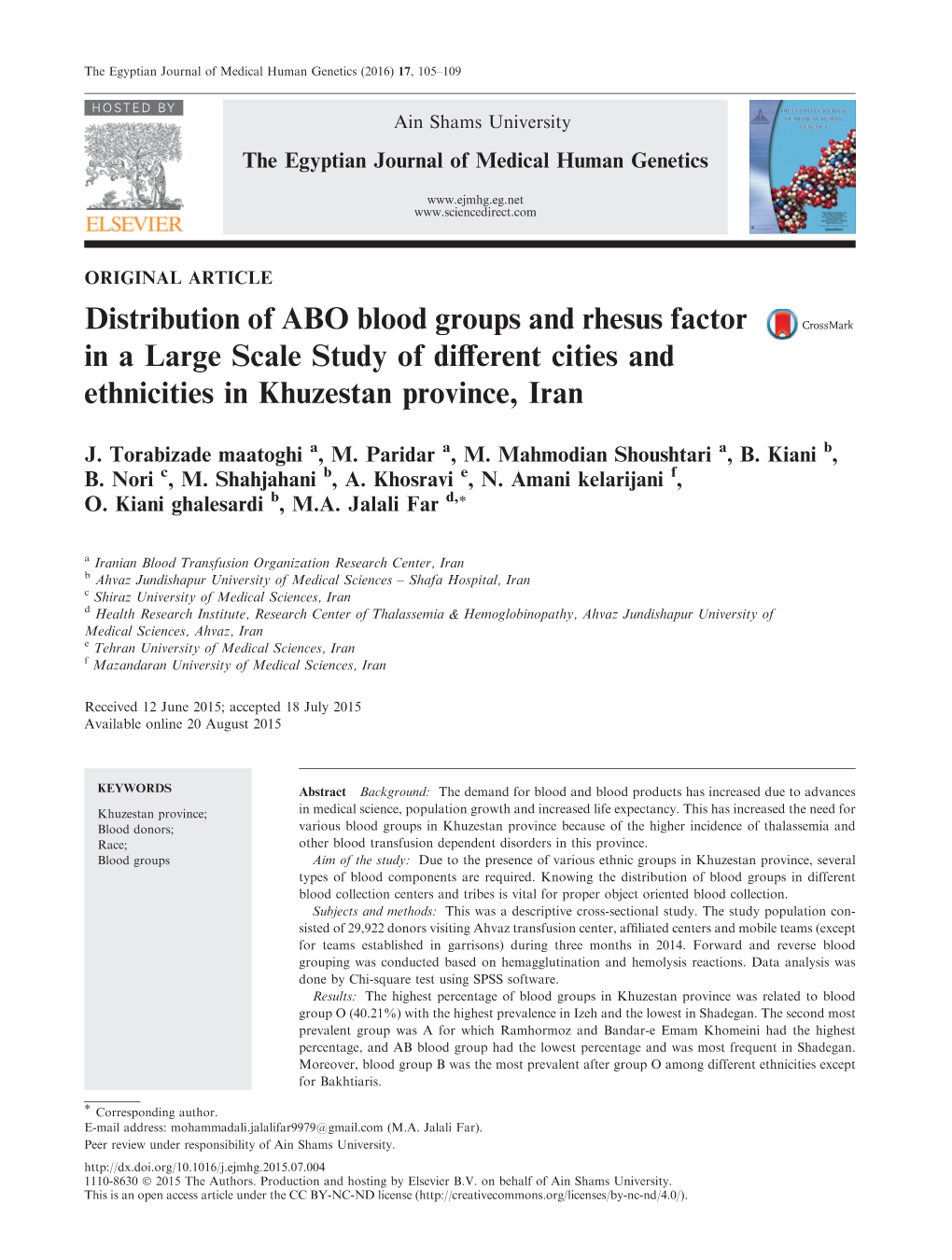 Distribution of ABO Blood Groups and Rhesus Factor in a Large Scale Study of Different Cities and Ethnicities in Khuzestan Provi