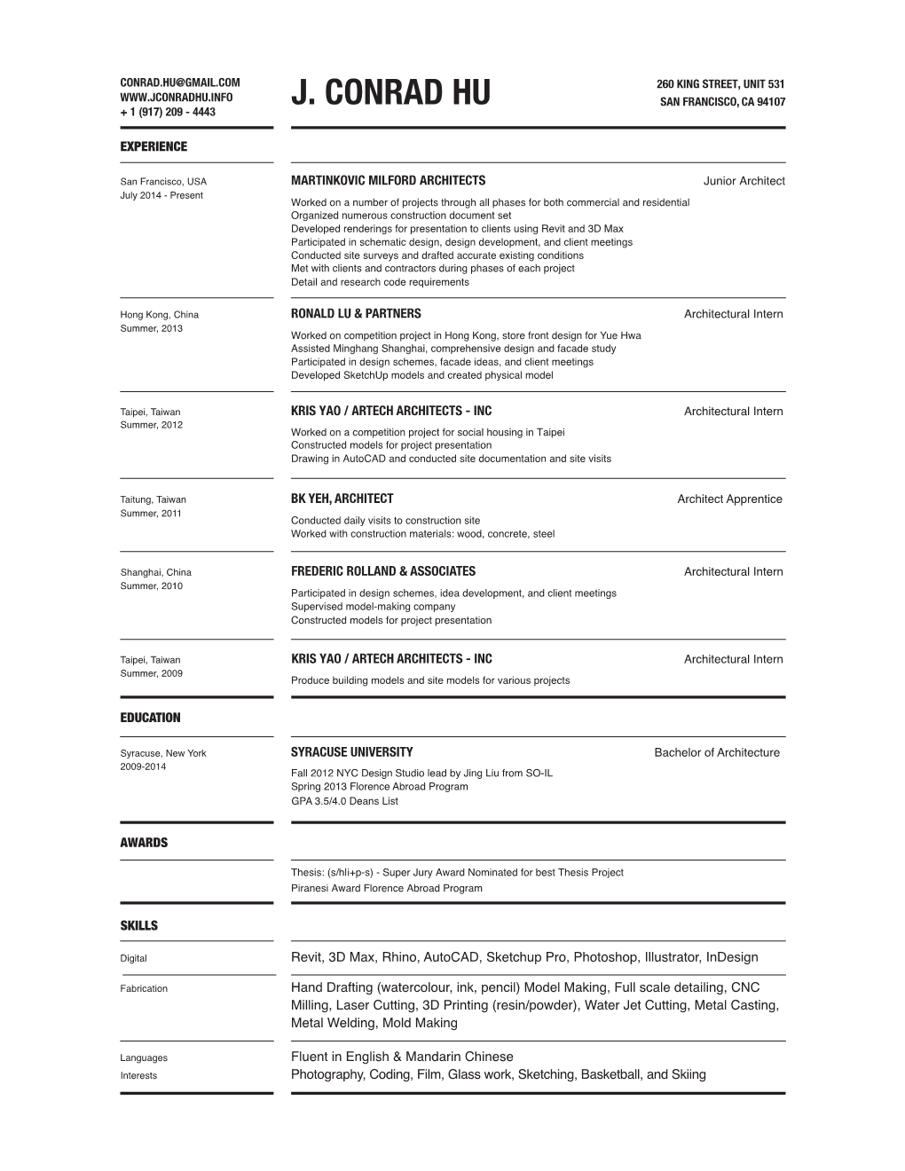 J Conrad Hu Resume 2015