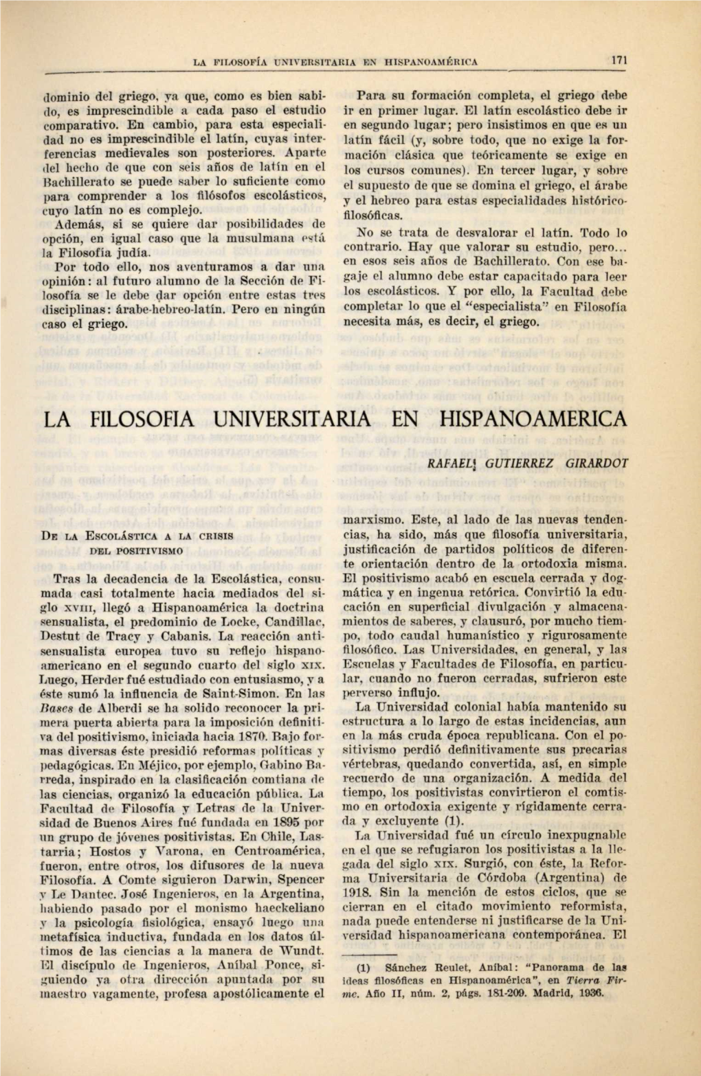 La Filosofia Universitaria En Hispanoamerica