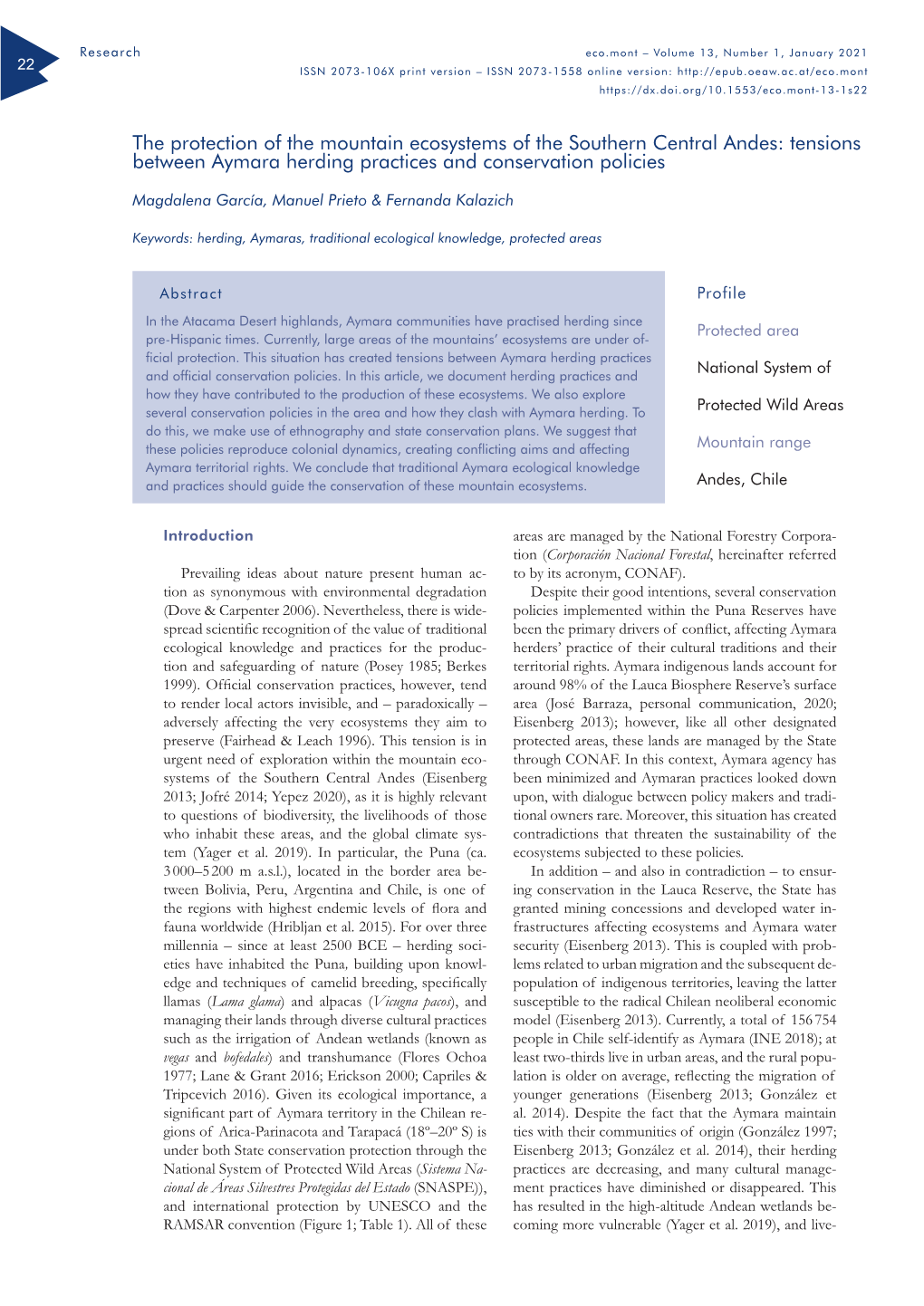 The Protection of the Mountain Ecosystems of the Southern Central Andes: Tensions Between Aymara Herding Practices and Conservation Policies