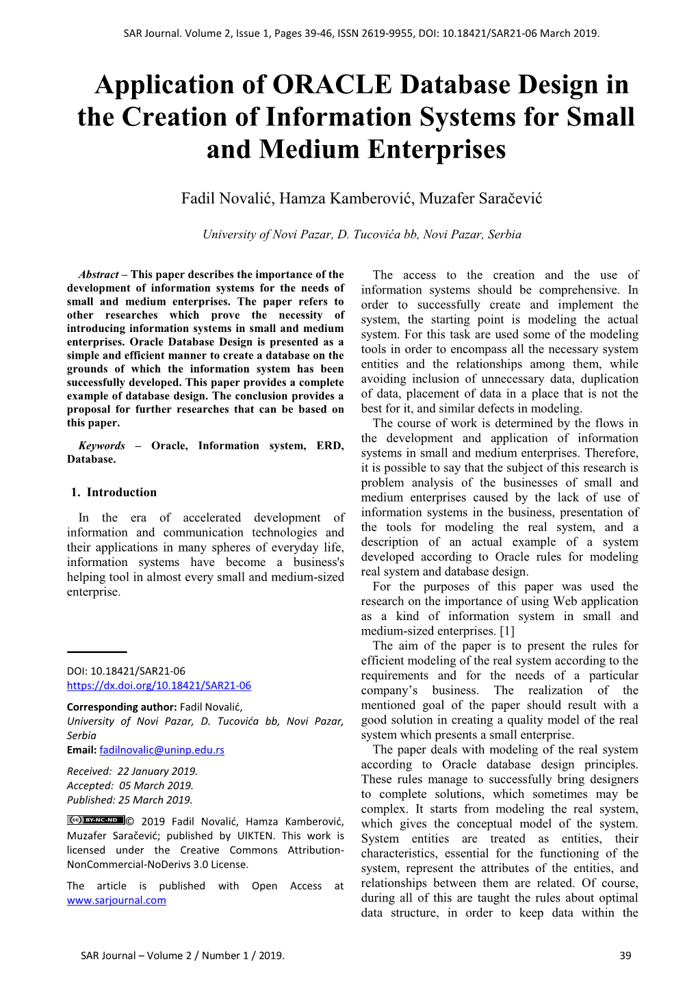 Application of ORACLE Database Design in the Creation of Information Systems for Small and Medium Enterprises