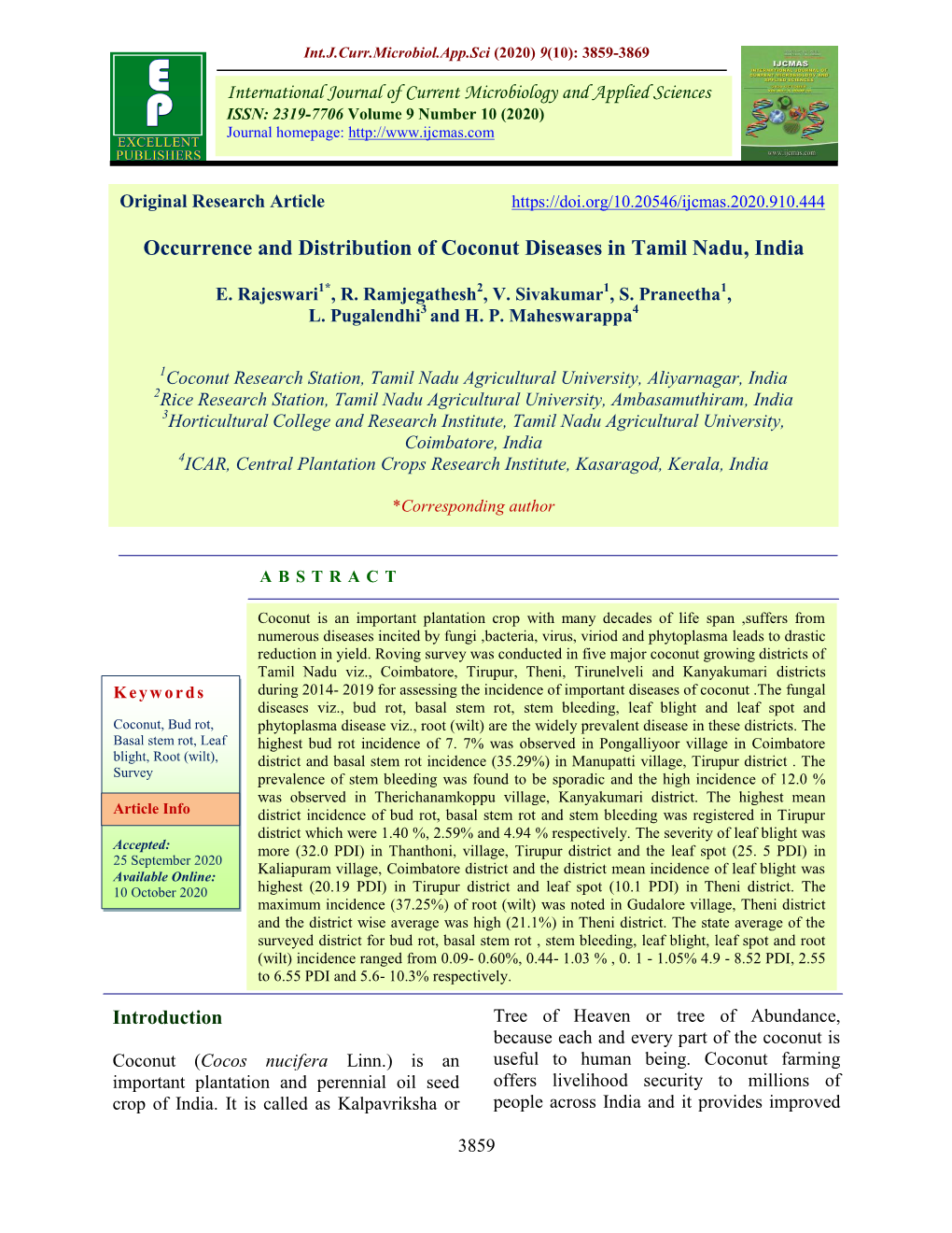 Occurrence and Distribution of Coconut Diseases in Tamil Nadu, India