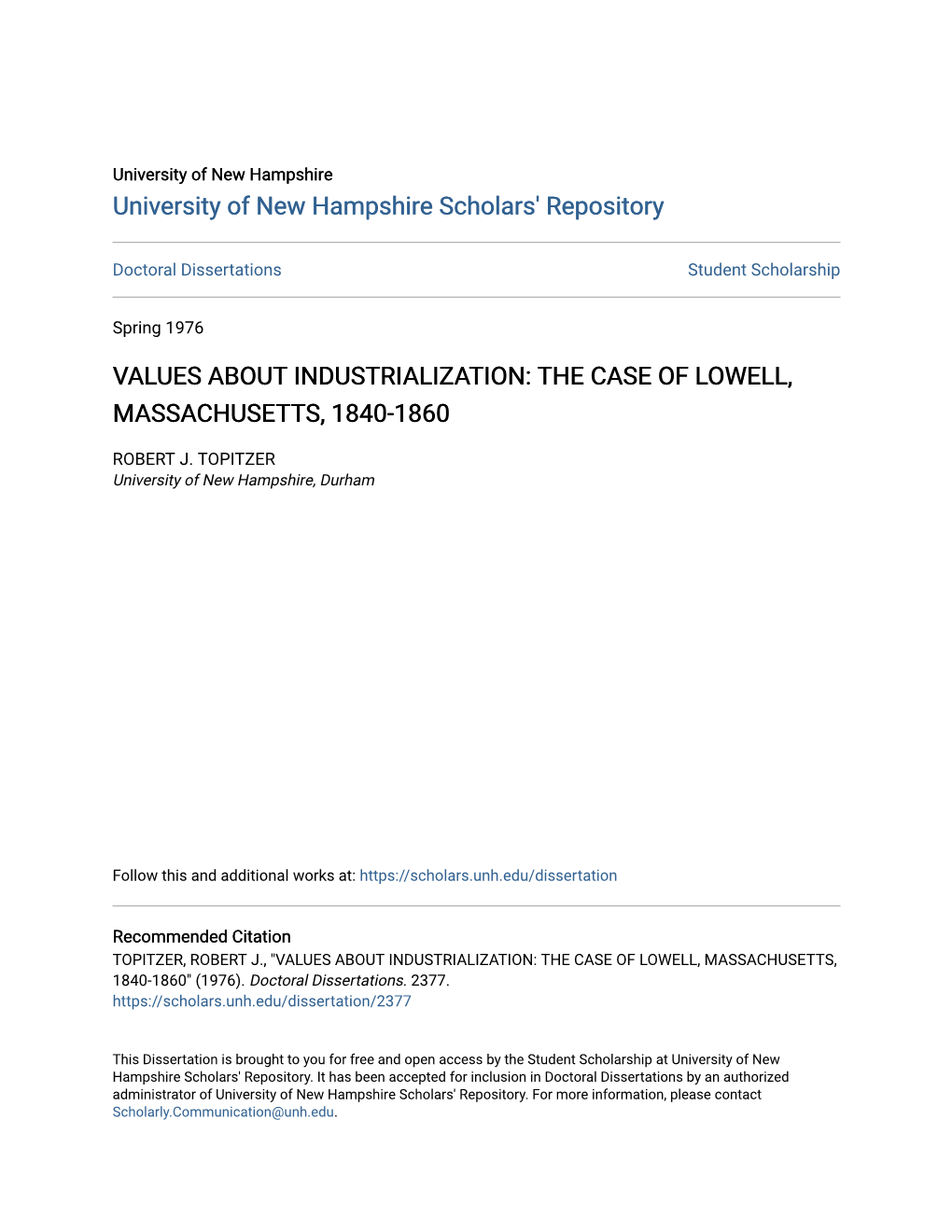 The Case of Lowell, Massachusetts, 1840-1860