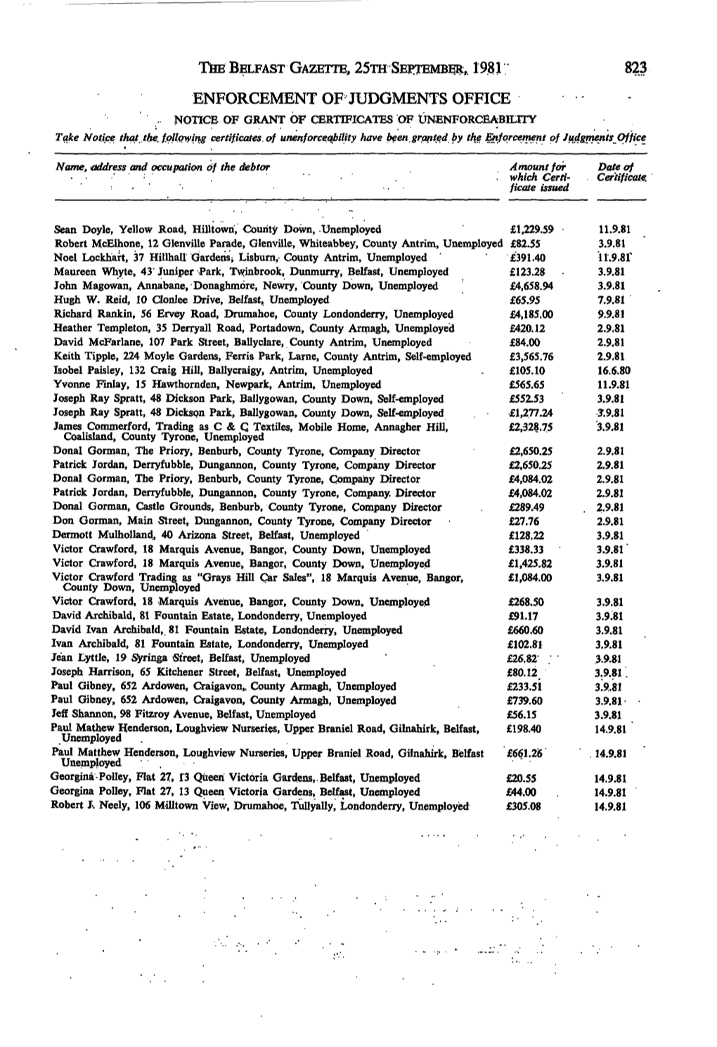 THE BELFAST GAZETTE, 25M SEPTEMBER,. 1981 823 ENFORCEMENT of JUDGMENTS OFFICE NOTICE of GRANT of CERTIFICATES of UNENFORCEABILITY Take Notice That .The