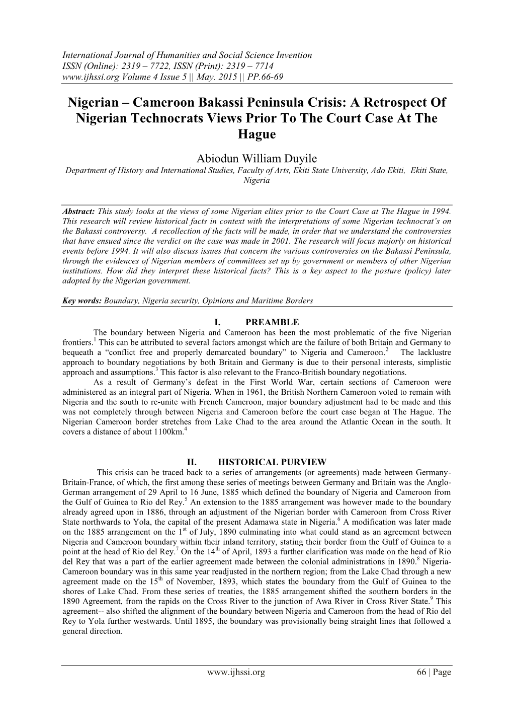 Cameroon Bakassi Peninsula Crisis: a Retrospect of Nigerian Technocrats Views Prior to the Court Case at the Hague