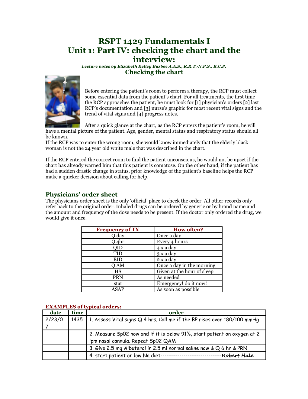 Unit 1: Part IV: Checking the Chart and the Interview