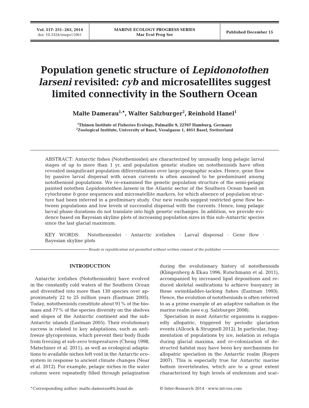 Population Genetic Structure of Lepidonotothen Larseni Revisited: Cyb and Microsatellites Suggest Limited Connectivity in the Southern Ocean