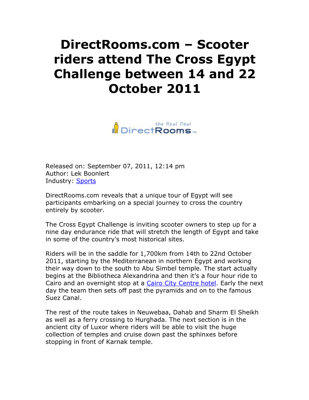 Directrooms.Com – Scooter Riders Attend the Cross Egypt Challenge Between 14 and 22 October 2011