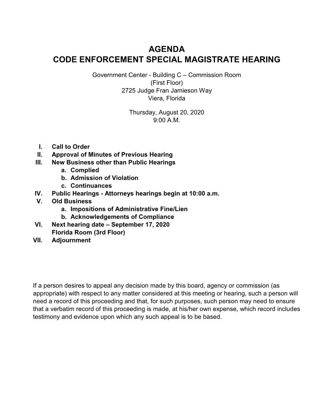 8 20 2020 Code Enforcement Special Magistrate Hearing Agenda