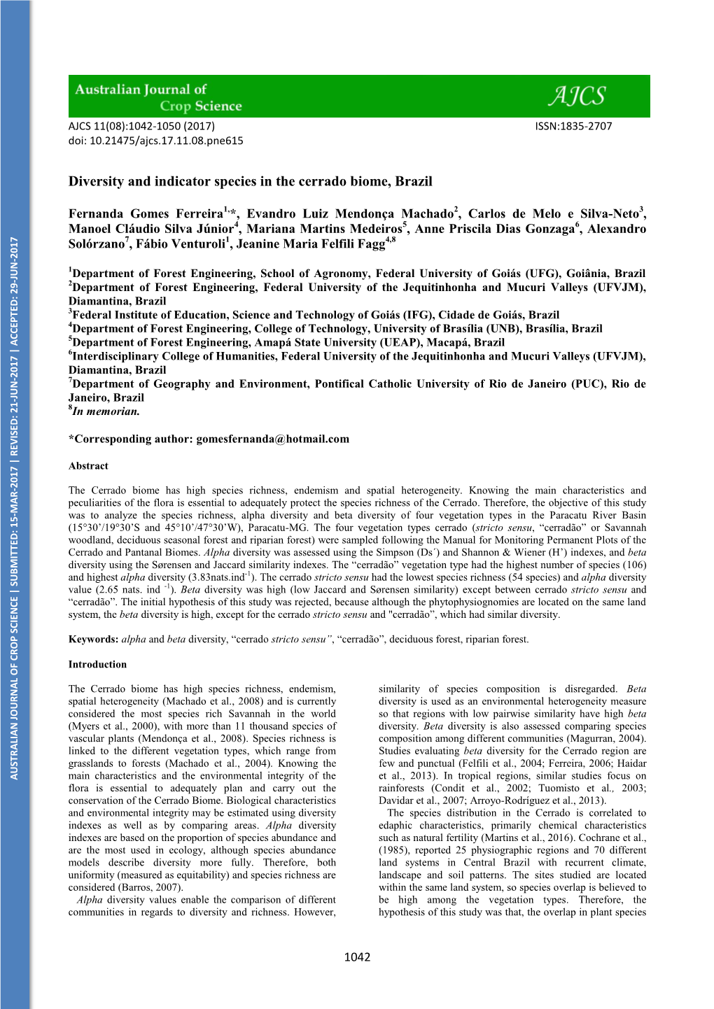 Diversity and Indicator Species in the Cerrado Biome, Brazil