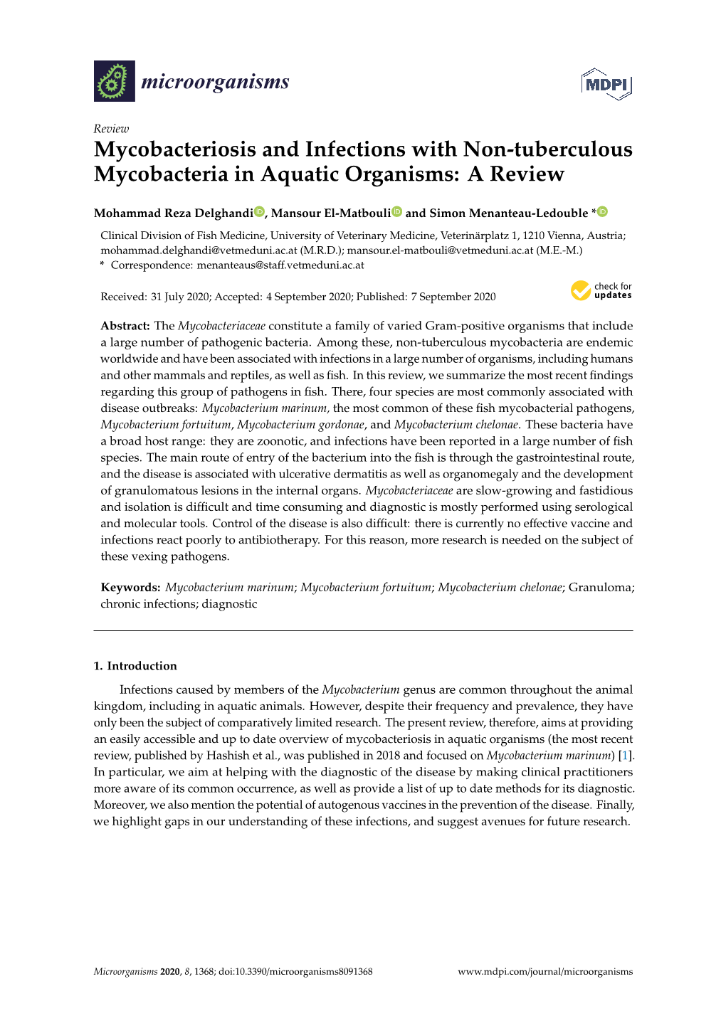 Mycobacteriosis and Infections with Non-Tuberculous Mycobacteria in Aquatic Organisms: a Review