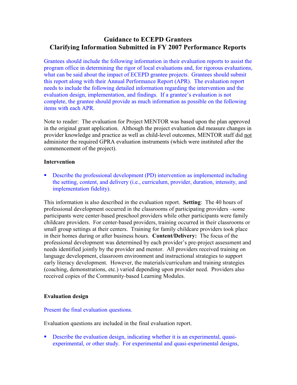 Guidance to ECEPD Grantees: Clarifying Information Submitted in FY 2007 Performance Reports