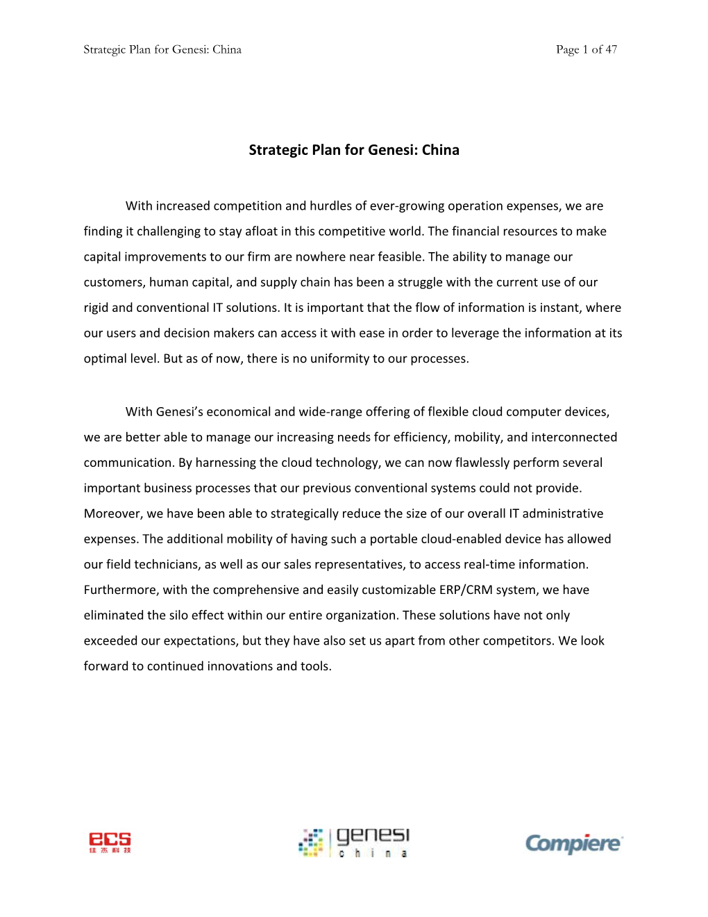 Strategic Plan for Genesi: China Page 1 of 47