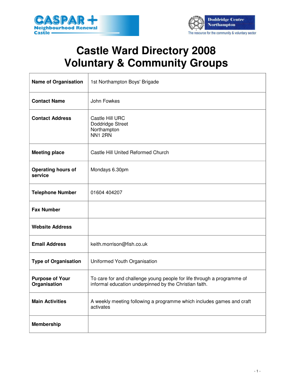 Castle Ward Directory 2008 Voluntary & Community Groups