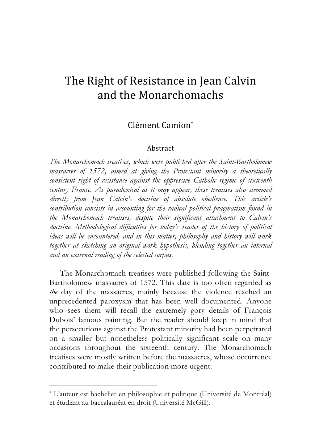 The Right of Resistance in Jean Calvin and the Monarchomachs