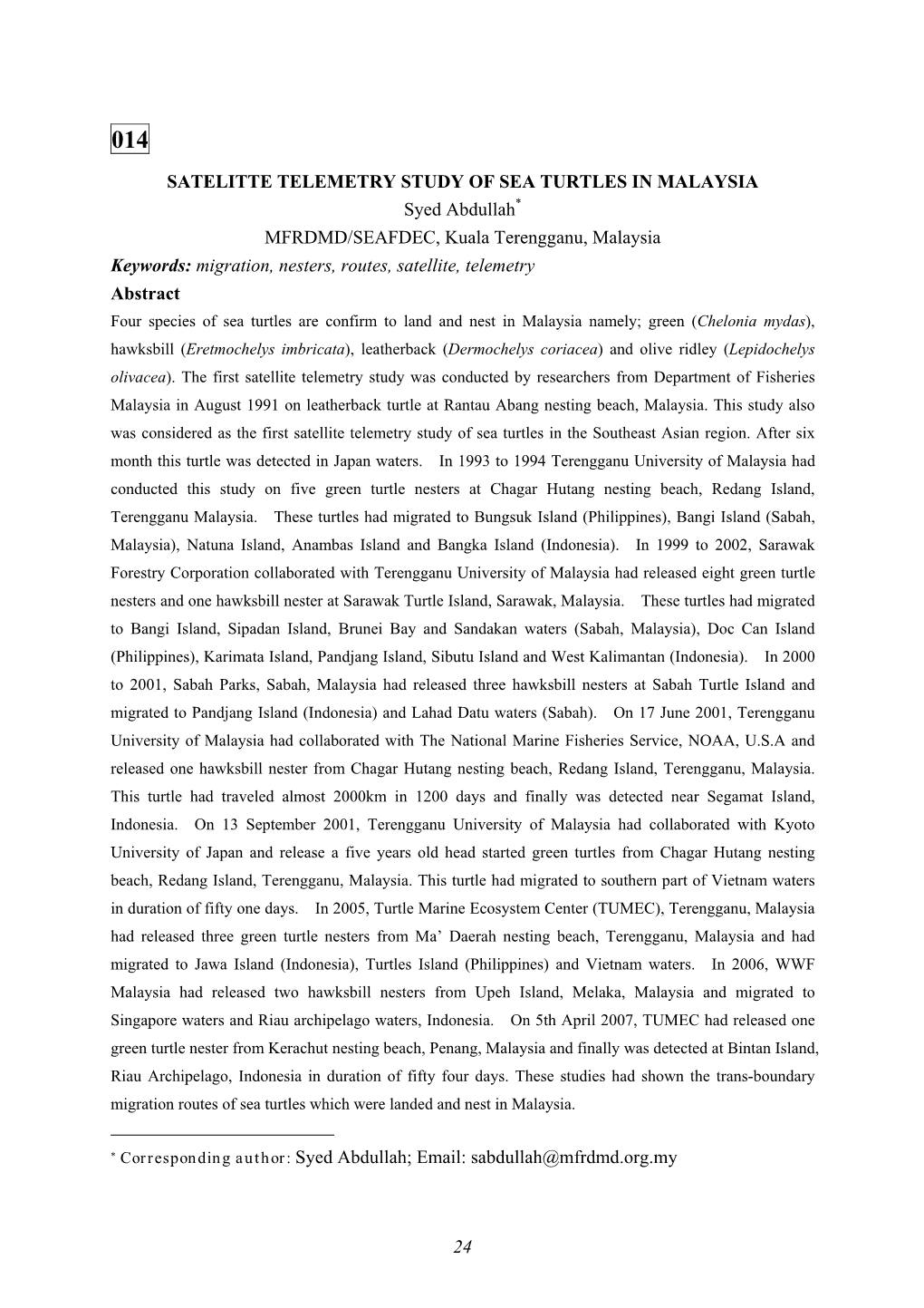 SATELITTE TELEMETRY STUDY of SEA TURTLES in MALAYSIA Syed