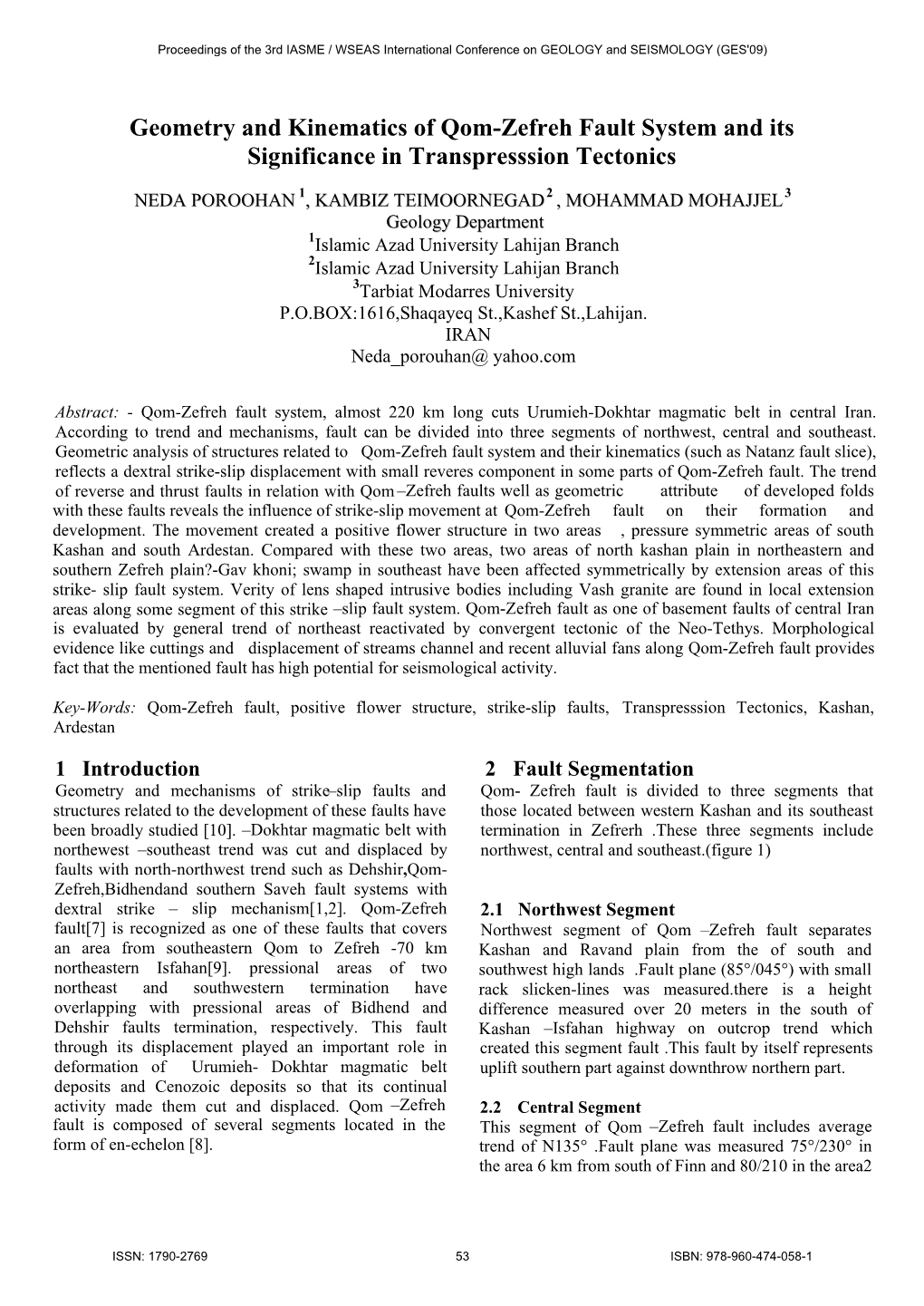 Geometry and Kinematics of Qom-Zefreh Fault System and Its Significance in Transpresssion Tectonics