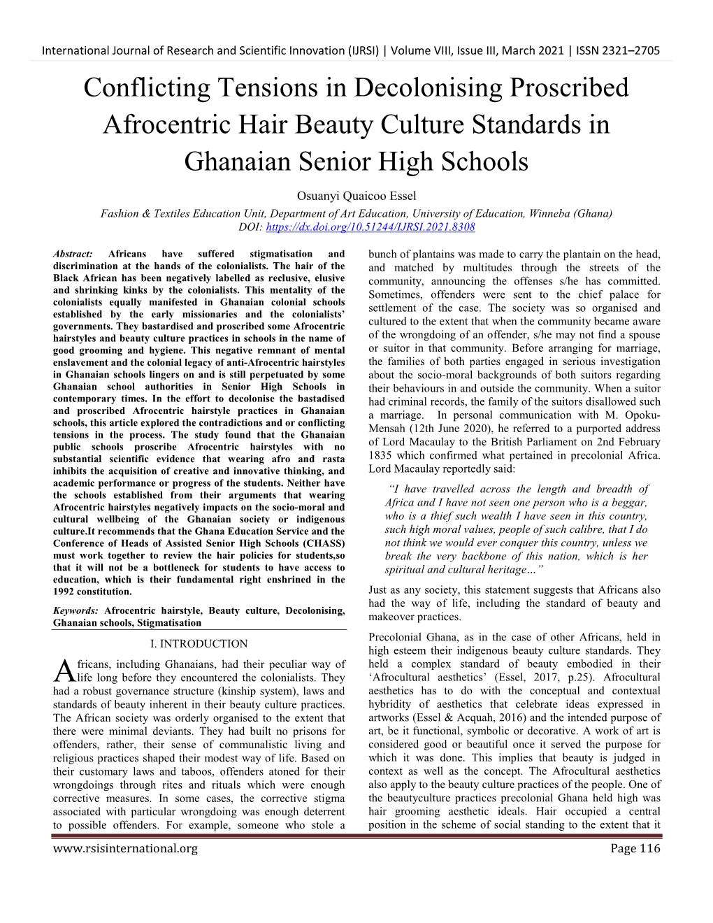 Conflicting Tensions in Decolonising Proscribed Afrocentric Hair Beauty Culture Standards in Ghanaian Senior High Schools