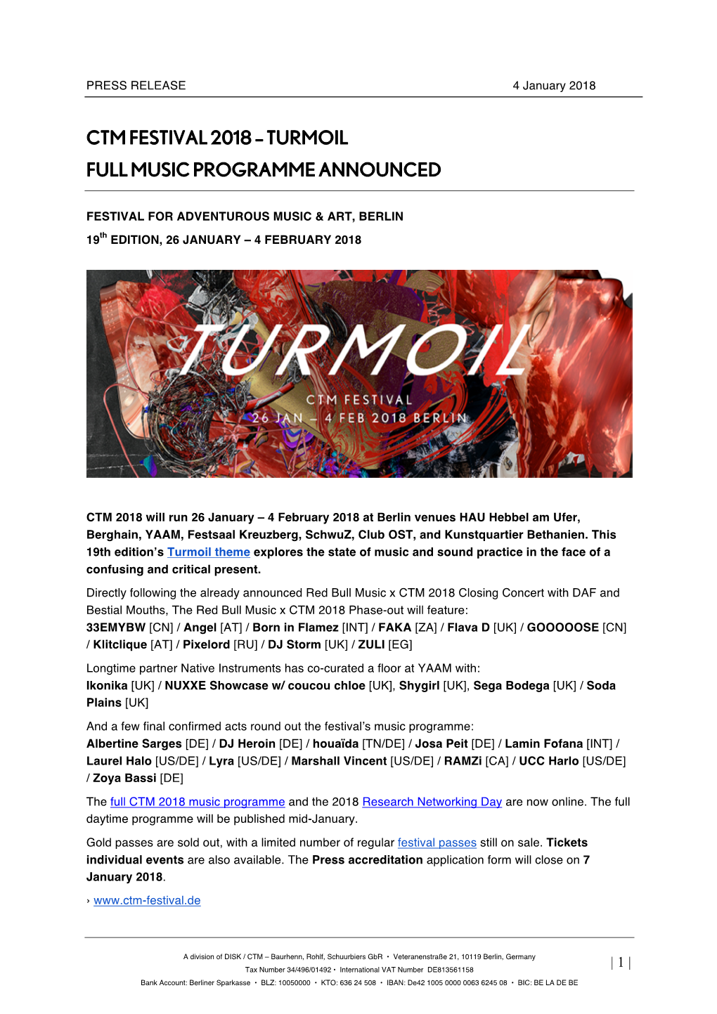Turmoil Full Music Programme Announced