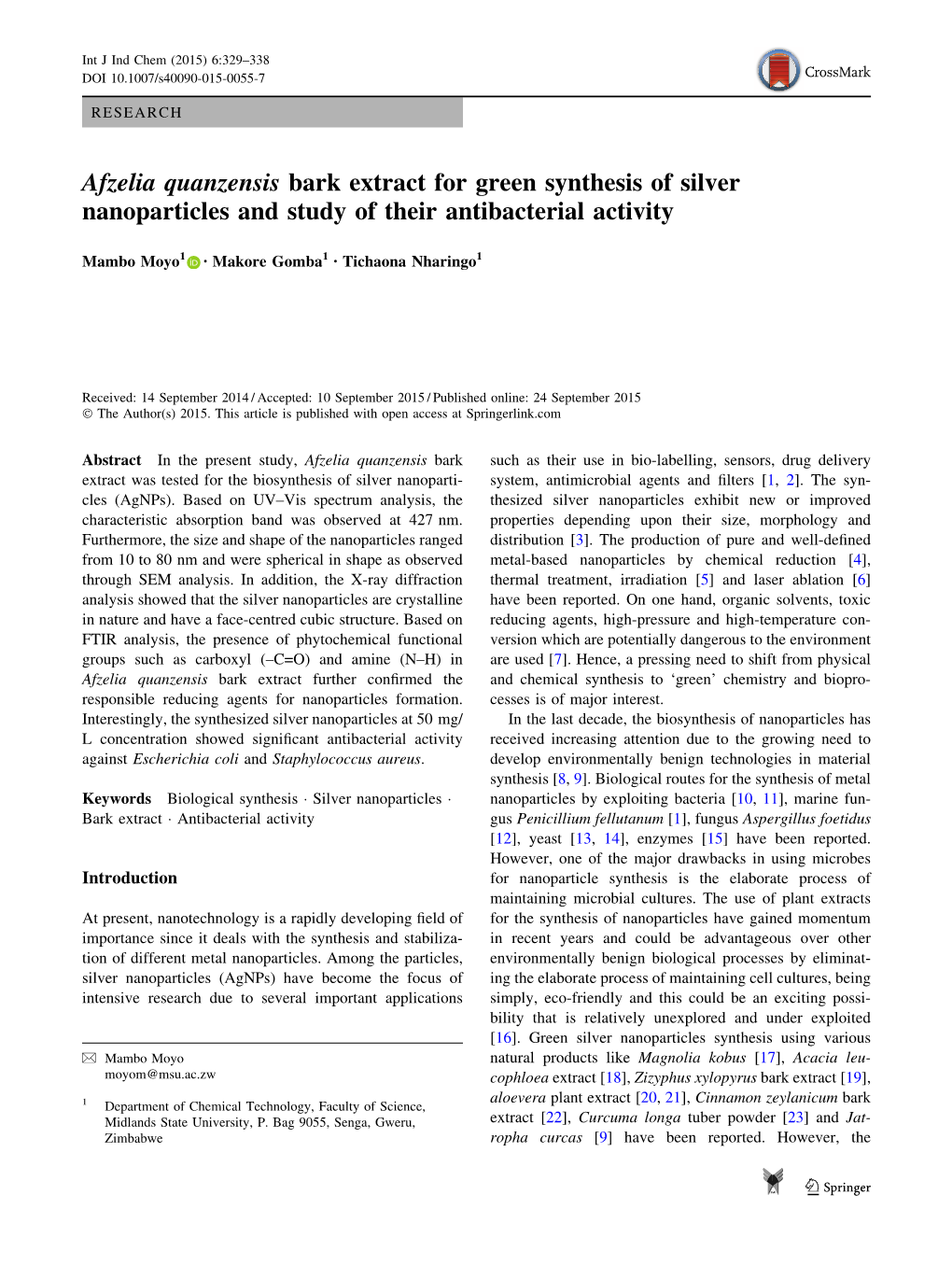 Afzelia Quanzensis Bark Extract for Green Synthesis of Silver Nanoparticles and Study of Their Antibacterial Activity