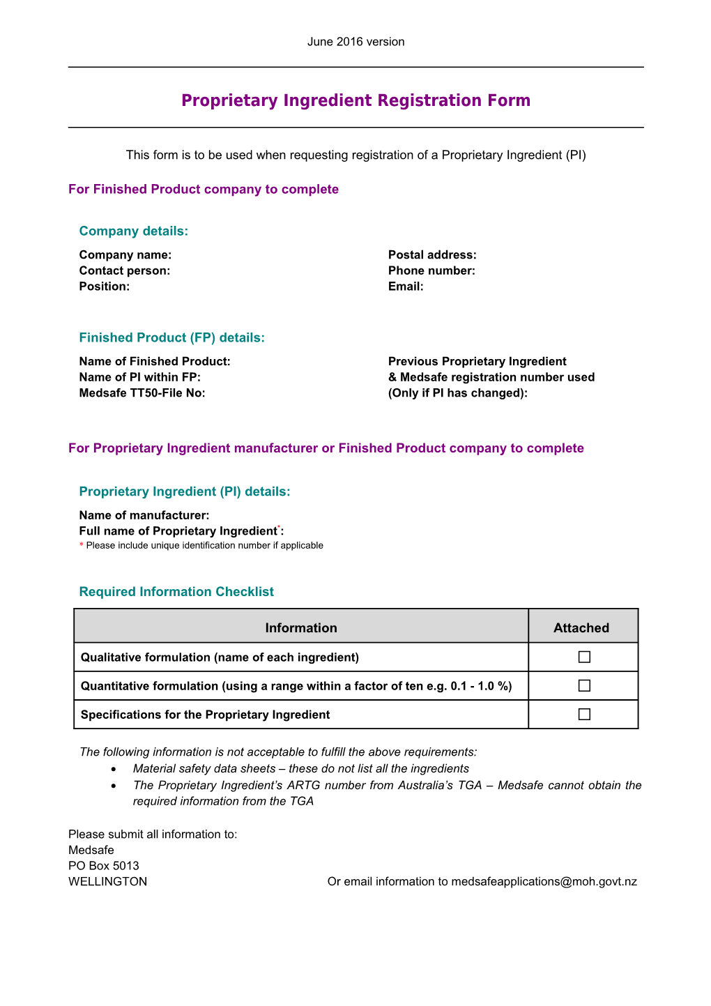 Proprietary Ingredients Registration Form