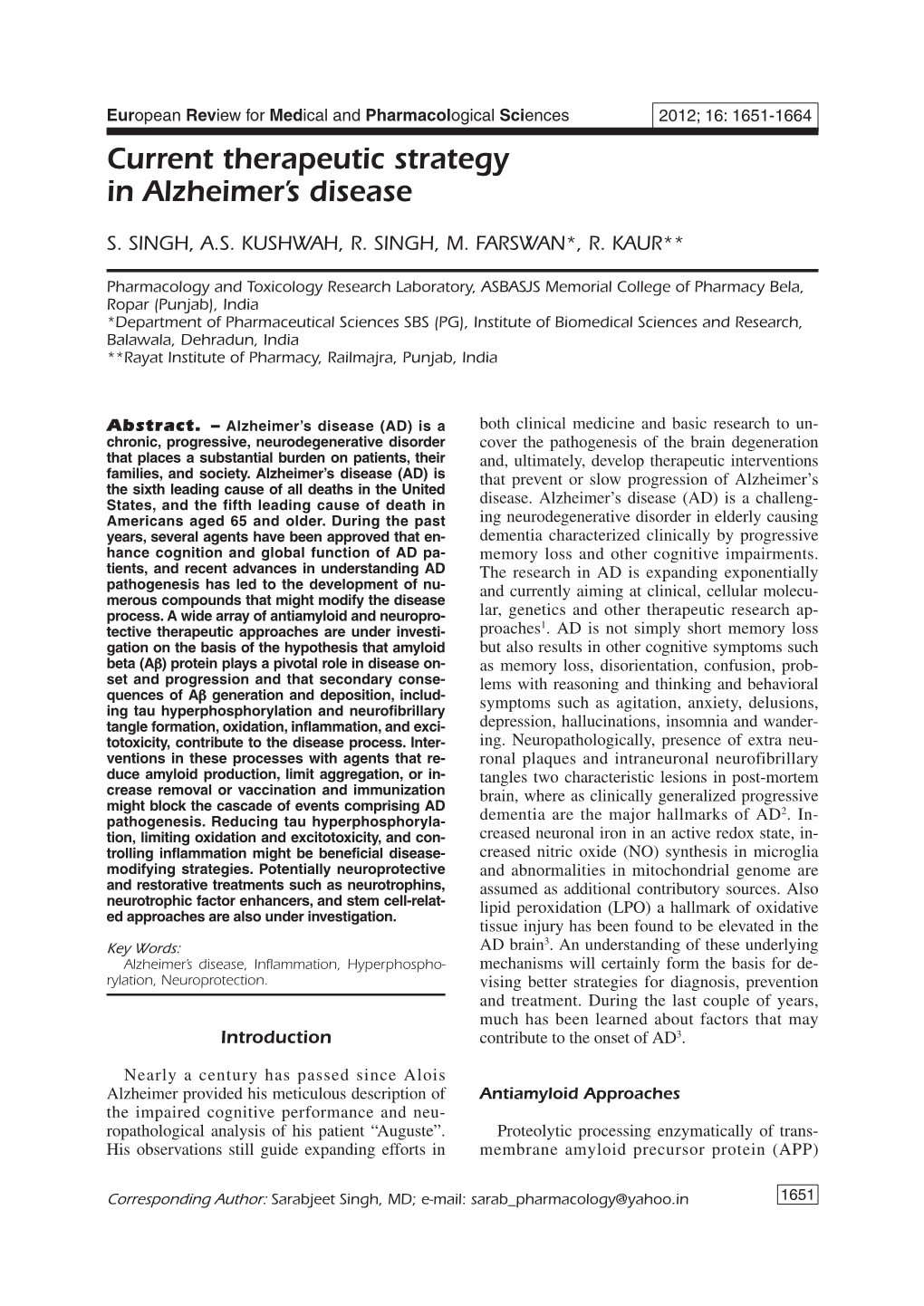 Current Therapeutic Strategy in Alzheimer's Disease