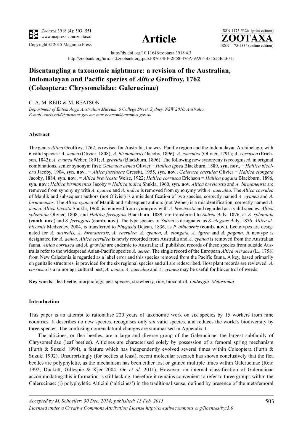 Disentangling a Taxonomic Nightmare: a Revision of the Australian, Indomalayan and Pacific Species of Altica Geoffroy, 1762 (Coleoptera: Chrysomelidae: Galerucinae)