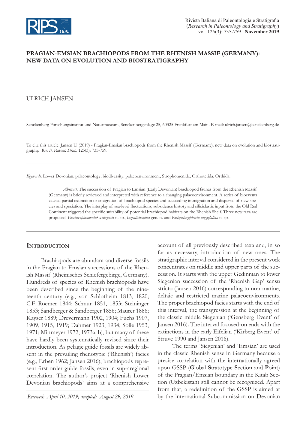 Pragian-Emsian Brachiopods from the Rhenish Massif (Germany): New Data on Evolution and Biostratigraphy