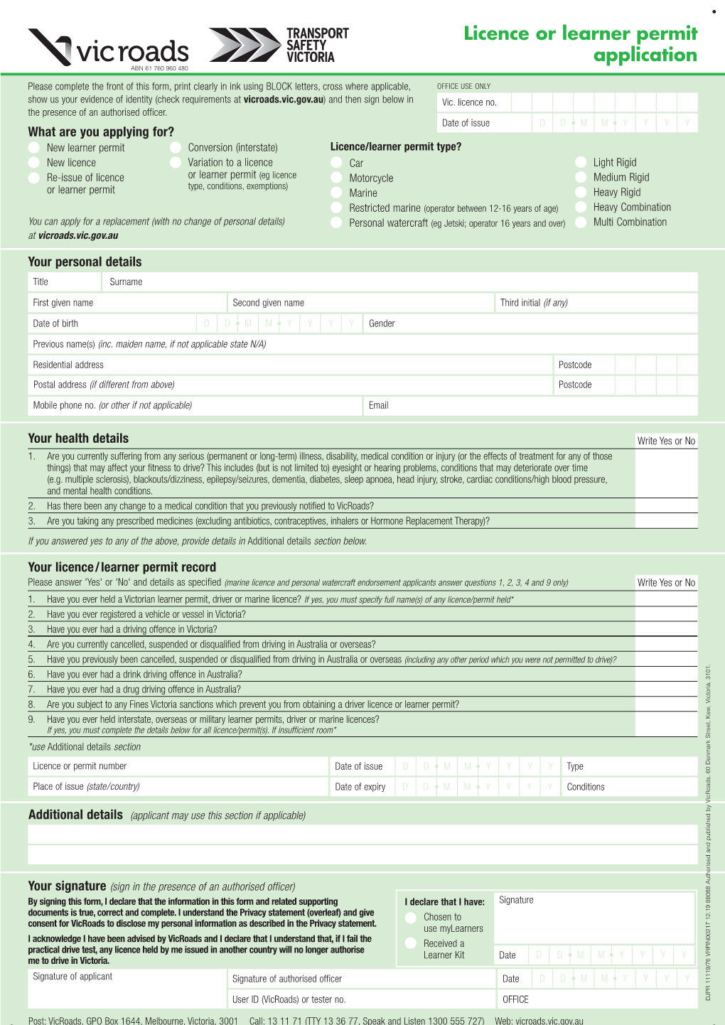 Licence Or Learner Permit Application Form