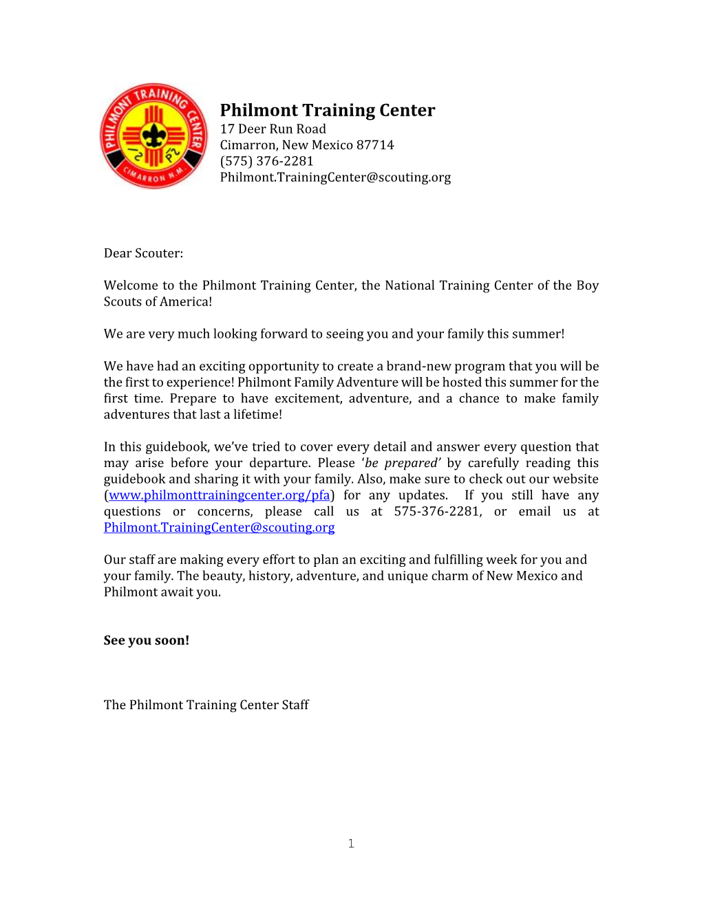 Philmont Training Center 17 Deer Run Road Cimarron, New Mexico 87714 (575) 376-2281 Philmont.Trainingcenter@Scouting.Org