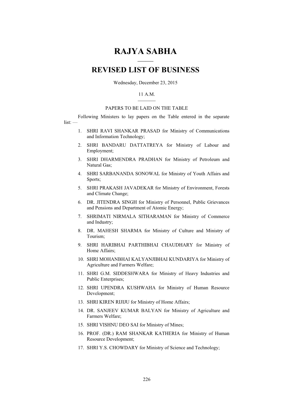 Rajya Sabha —— Revised List of Business