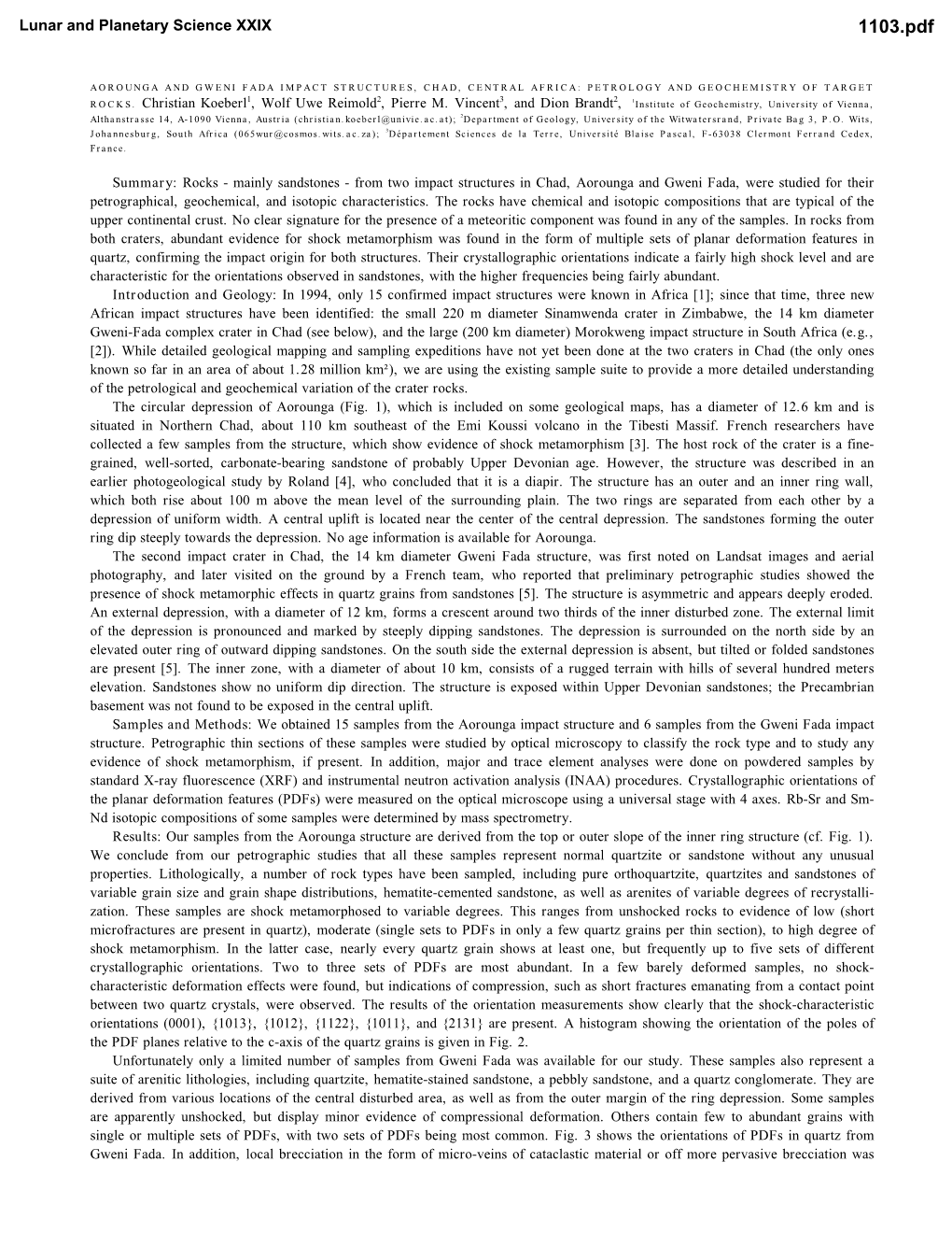 Aorounga and Gweni Fada Impact Structures, Chad, Central Africa: Petrology and Geochemistry of Target 1 2 3 2 Rocks