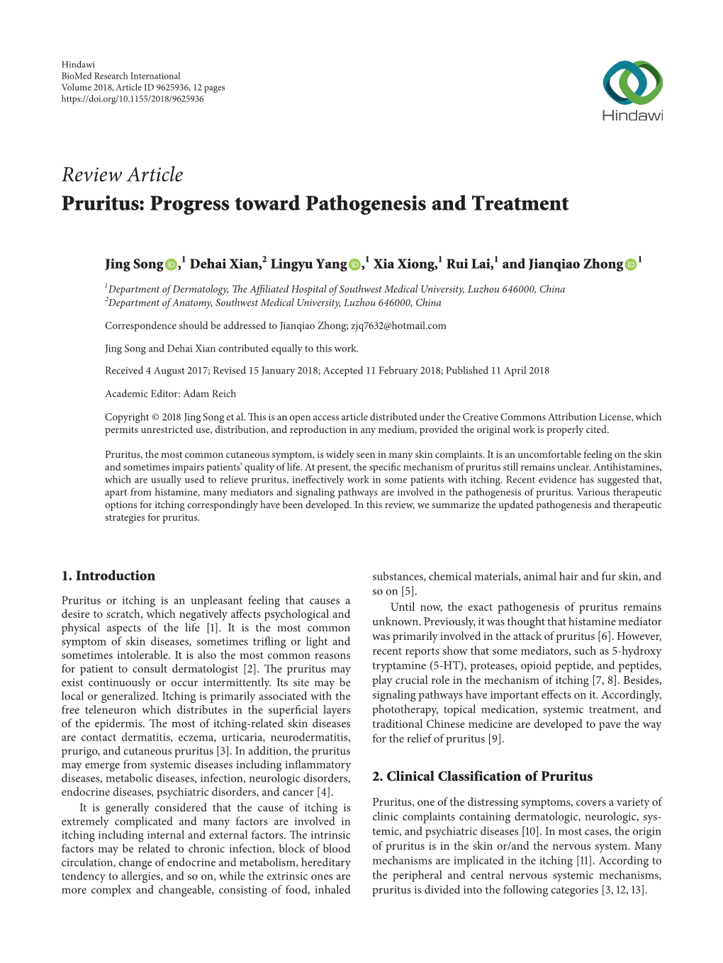 Review Article Pruritus: Progress Toward Pathogenesis and Treatment
