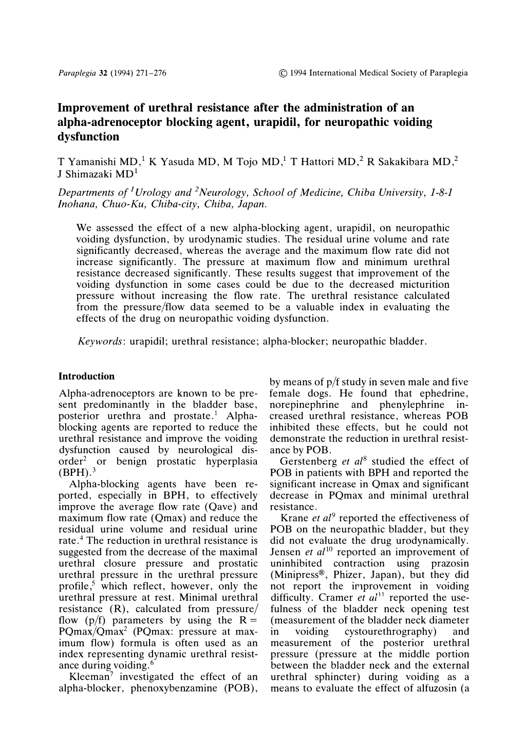 Improvement of Urethral Resistance After the Administration of an Alpha-Adrenoceptor Blocking Agent, Urapidil, for Neuropathic Voiding Dysfunction