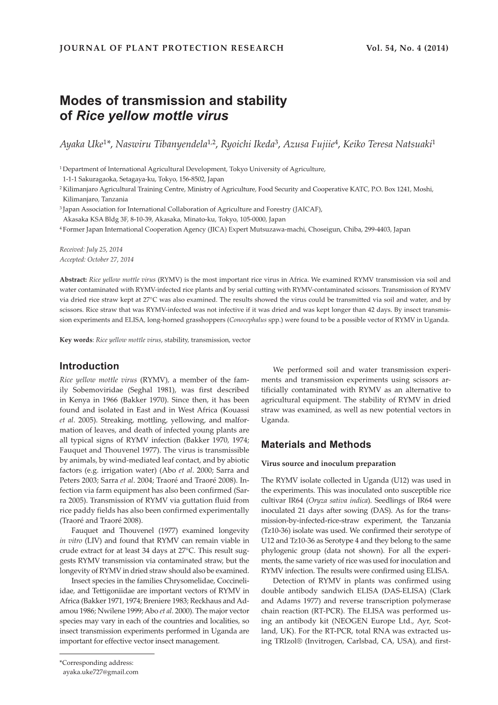 Modes of Transmission and Stability of Rice Yellow Mottle Virus