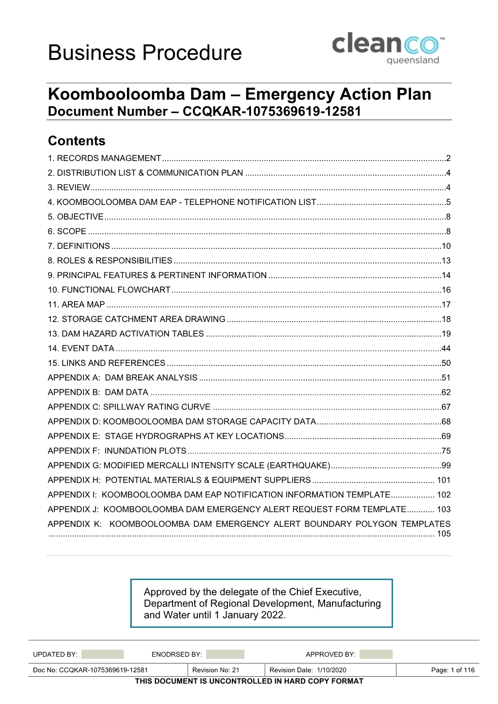 Koombooloomba Dam – Emergency Action Plan Document Number – CCQKAR-1075369619-12581