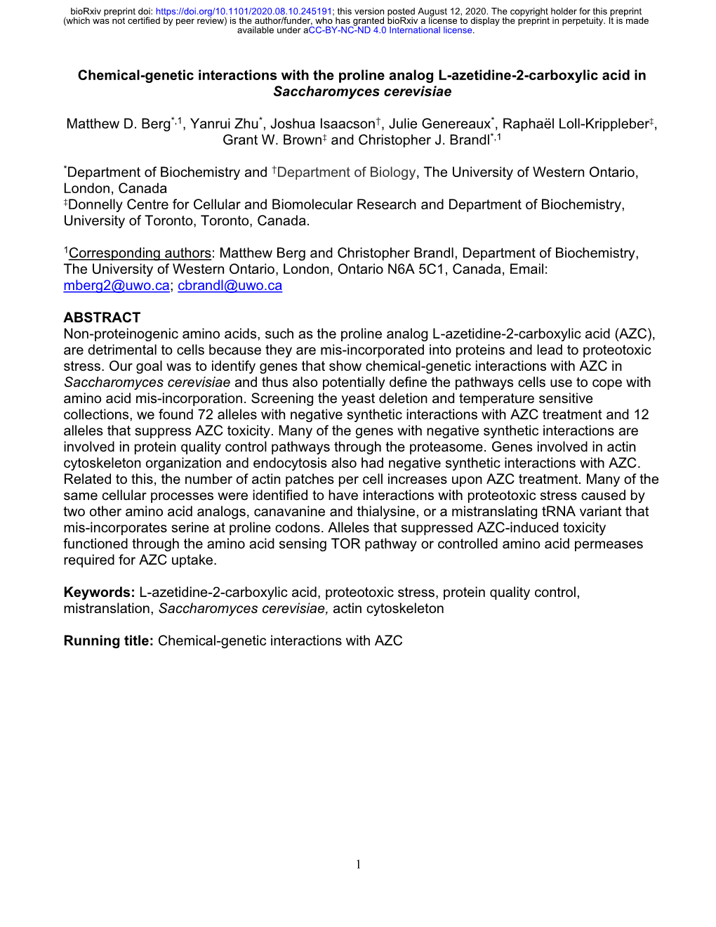 Chemical-Genetic Interactions with the Proline Analog L-Azetidine-2-Carboxylic Acid in Saccharomyces Cerevisiae