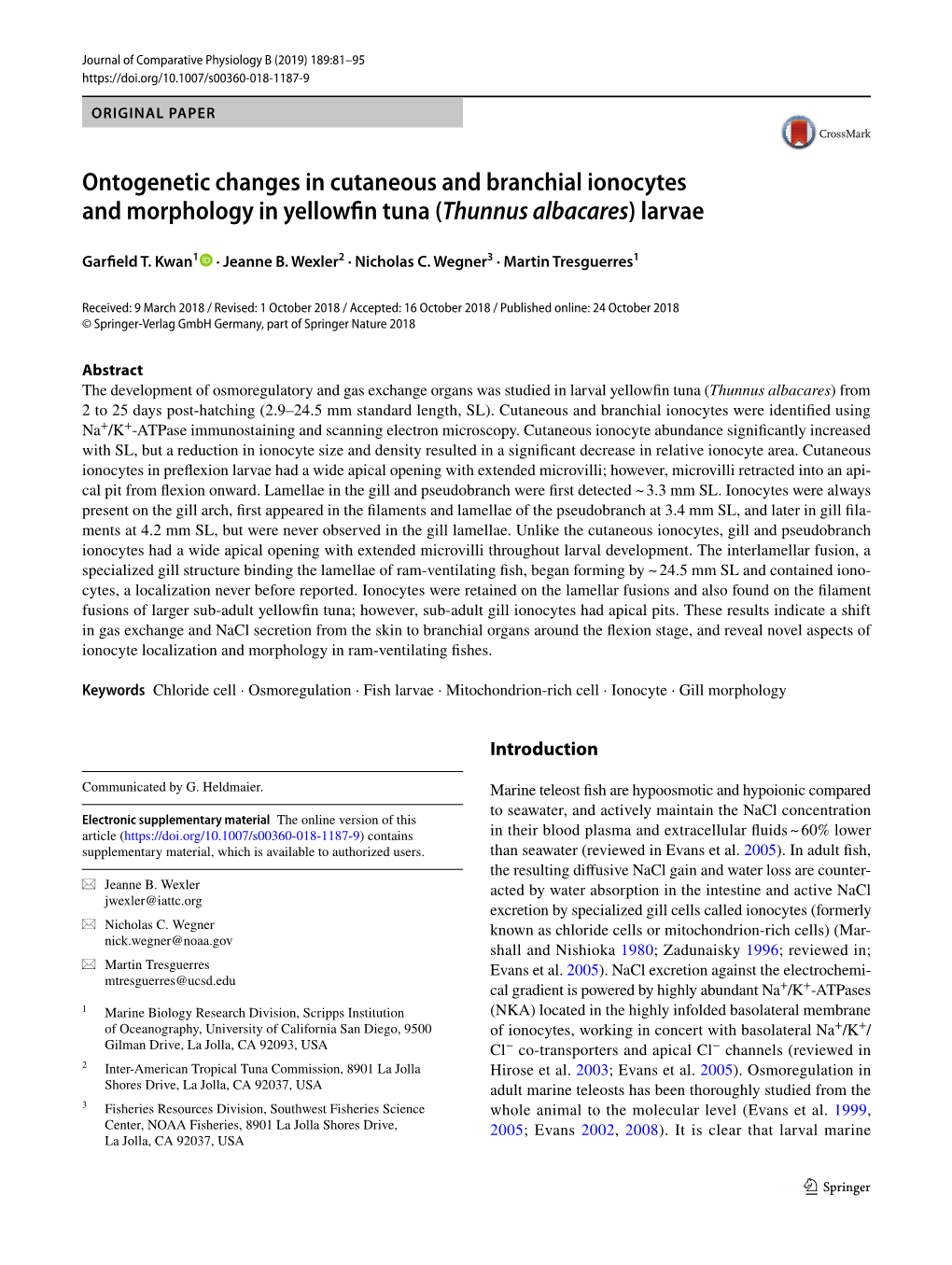 Ontogenetic Changes in Cutaneous and Branchial Ionocytes and Morphology in Yellowfin Tuna (Thunnus Albacares) Larvae