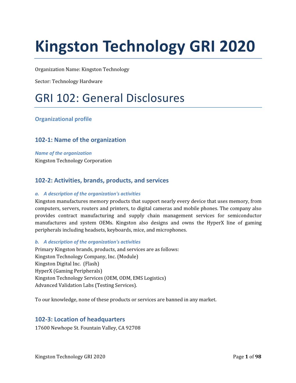 Kingston Technology GRI 2020