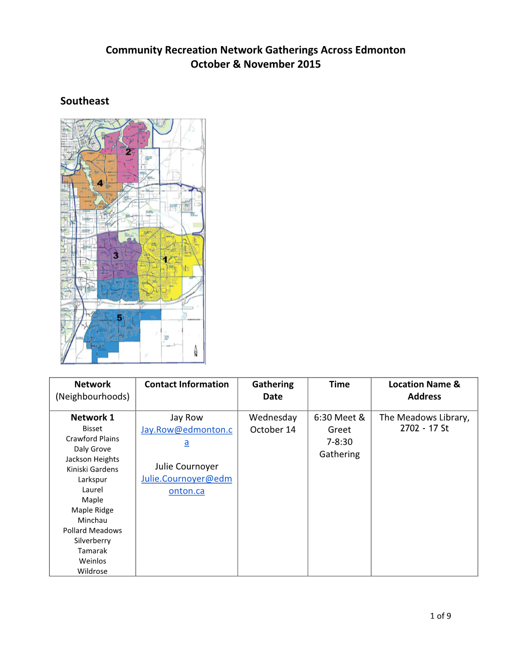 Community Recreation Network Gatherings Across Edmonton October & November 2015